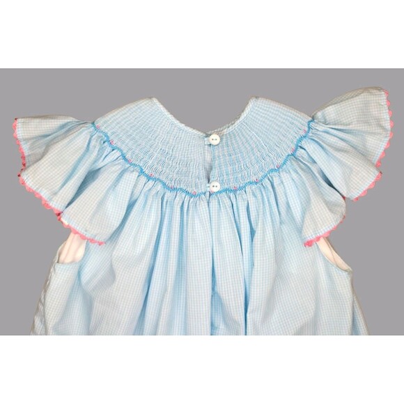 Two Scoops Girls Smocked Bishop Dress Size 6 Blue Gingham Flamingo Embroidered - Picture 6 of 9